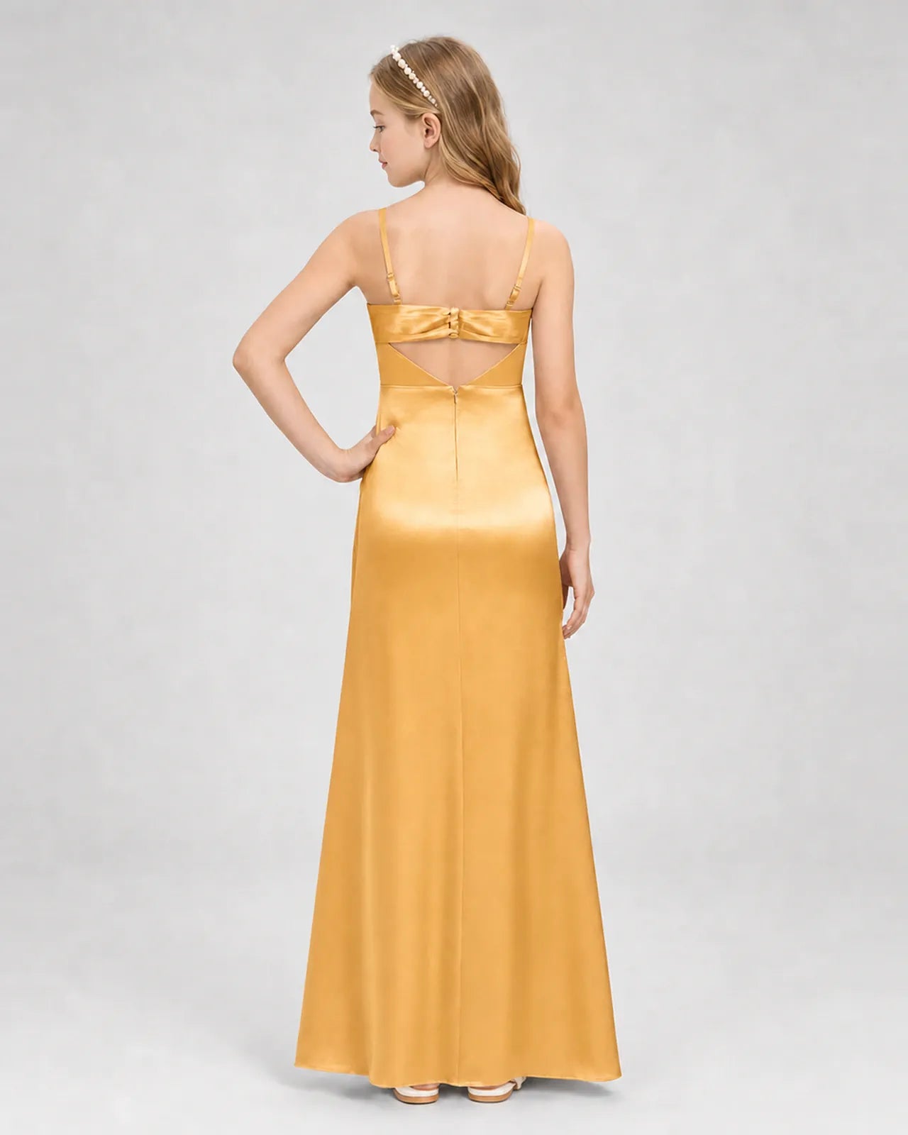 Gold Satin A-line Girls Formal Dress Back View