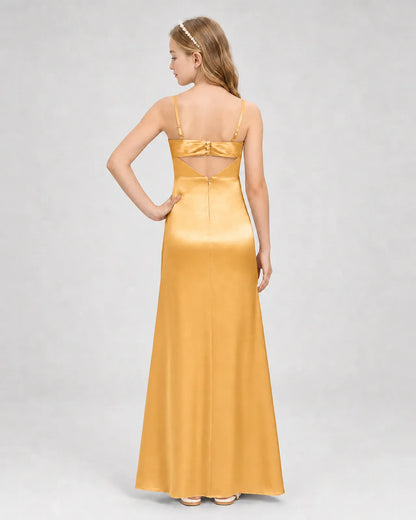 Gold Satin A-line Girls Formal Dress Back View