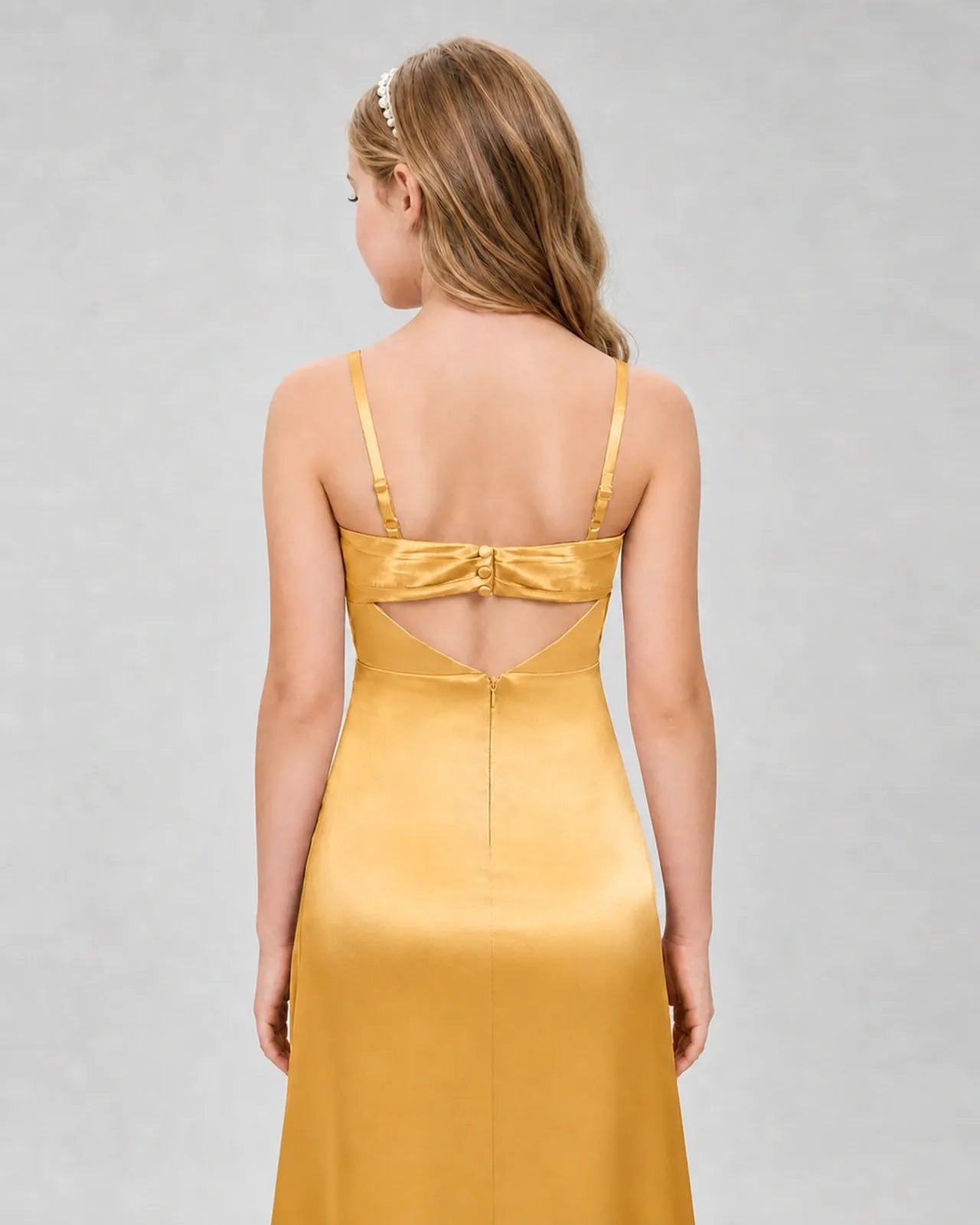 Gold Satin A-line Girls Formal Dress Back View