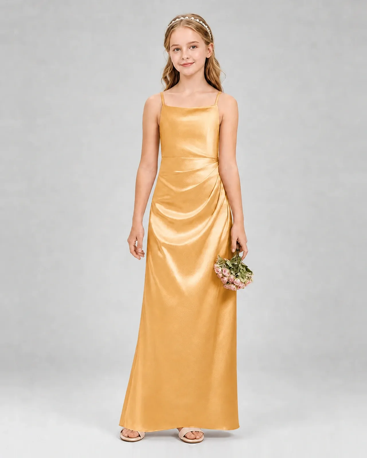 Gold Satin A-line Girls Formal Dress Front View