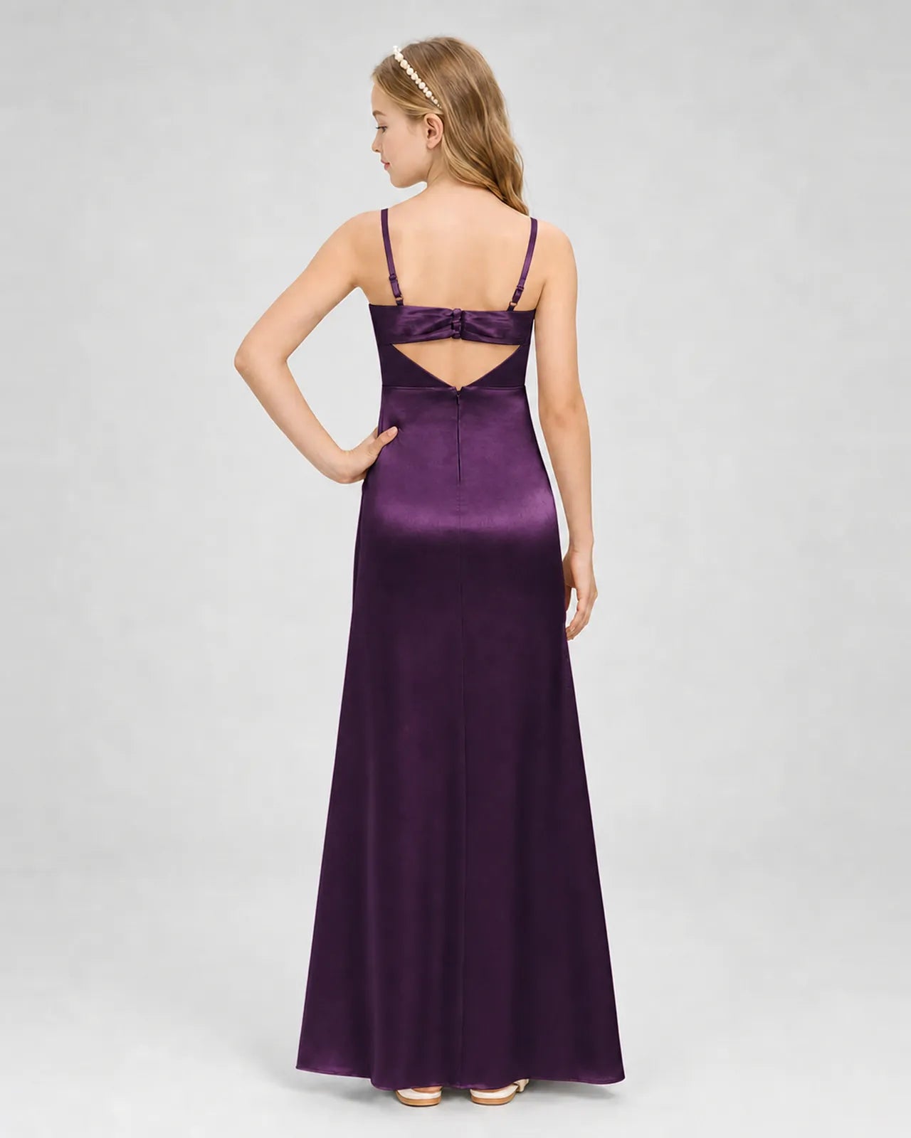 Grape Satin A-line Girls Formal Dress Back View