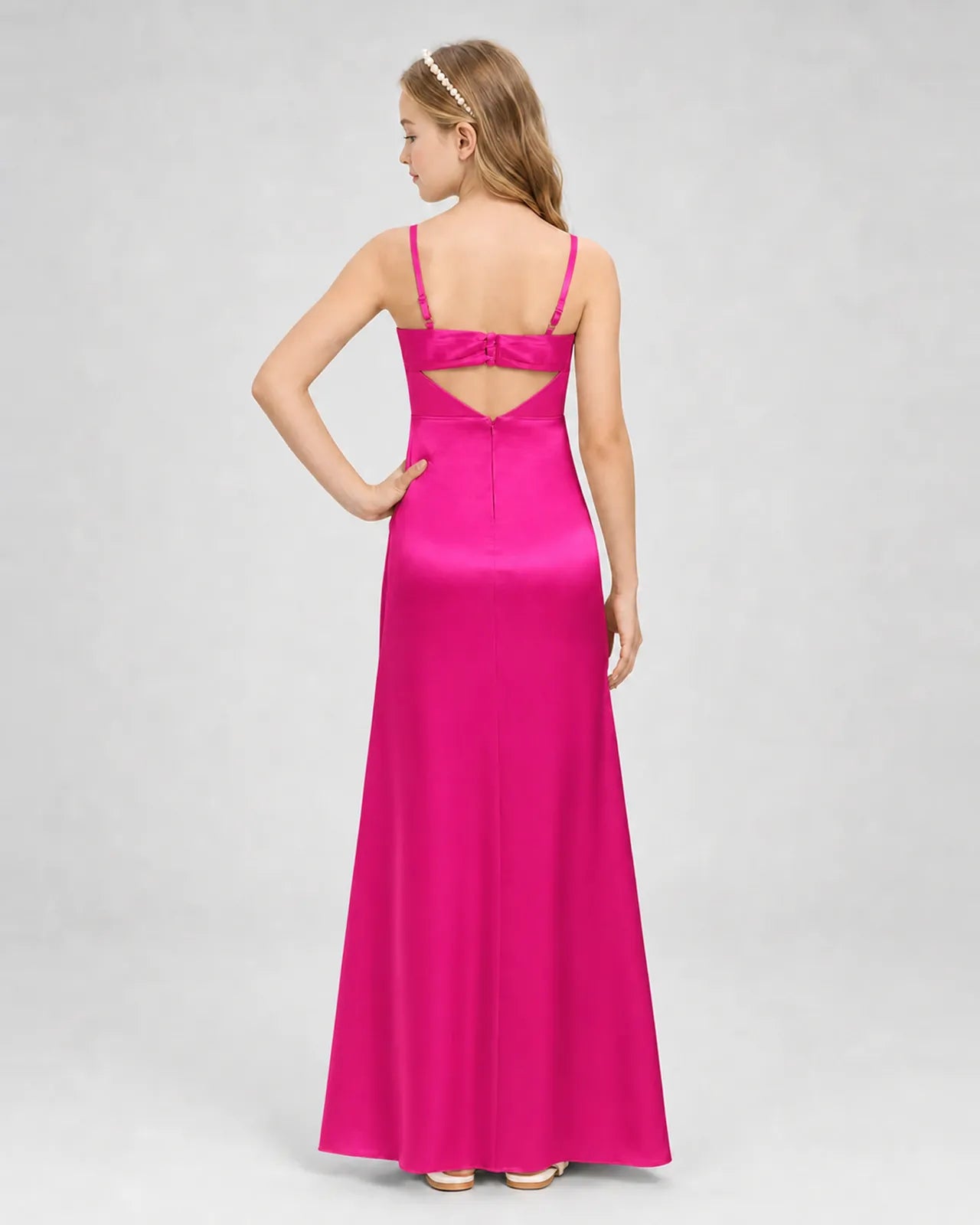 Hot Pink Satin A-line Girls Formal Dress Back View