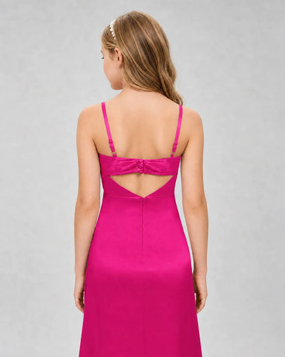 Hot Pink Satin A-line Girls Formal Dress Back View