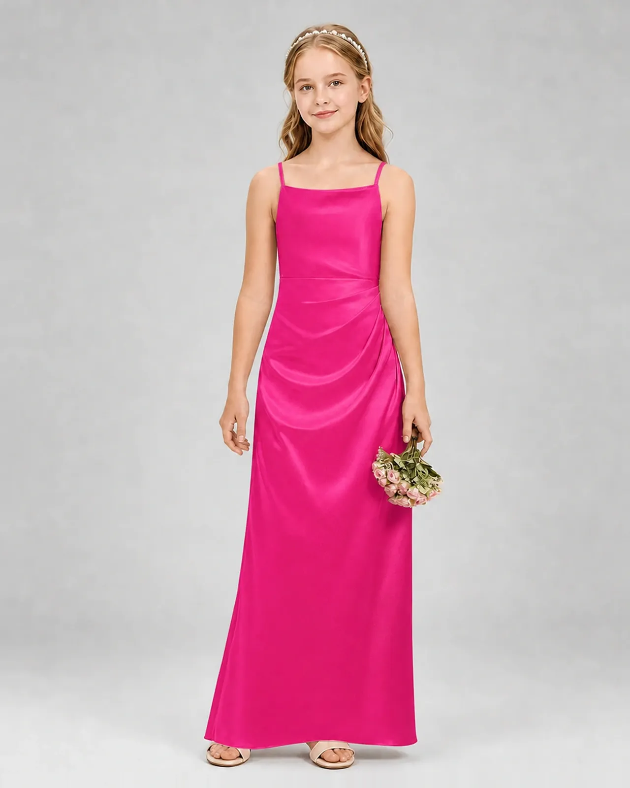Hot Pink Satin A-line Girls Formal Dress Front View