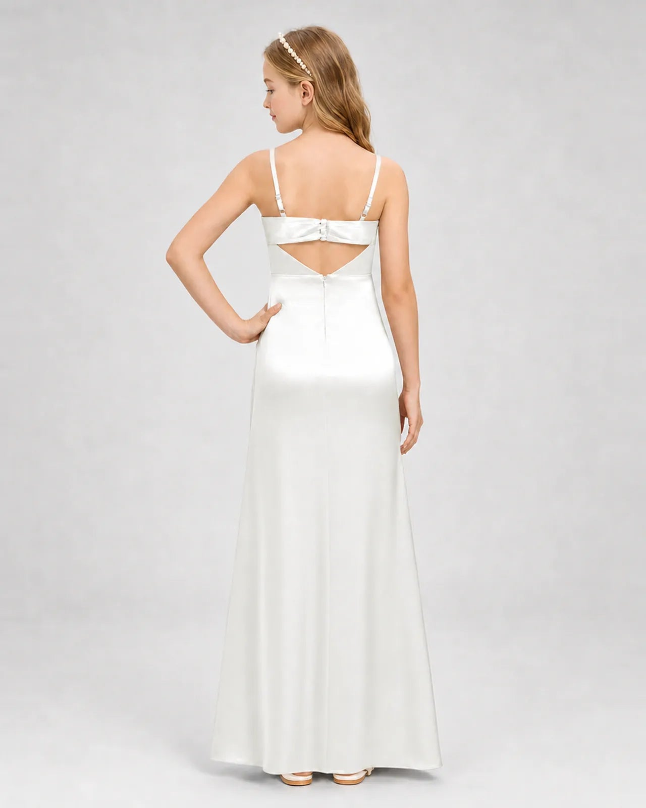 Ivory Satin A-line Girls Formal Dress Back View