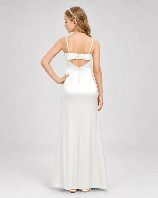 Ivory Satin A-line Girls Formal Dress Back View