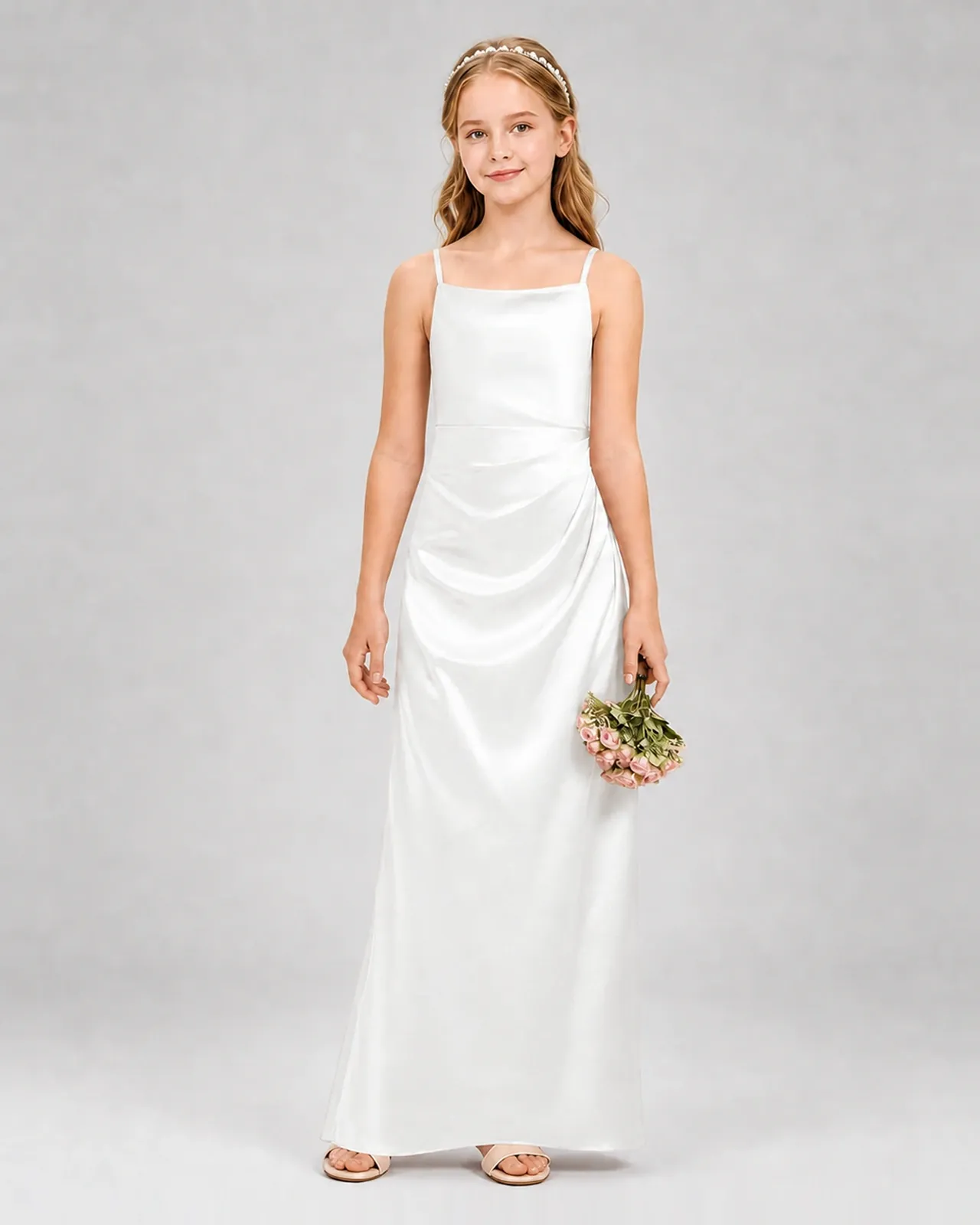 Ivory Satin A-line Girls Formal Dress Front View