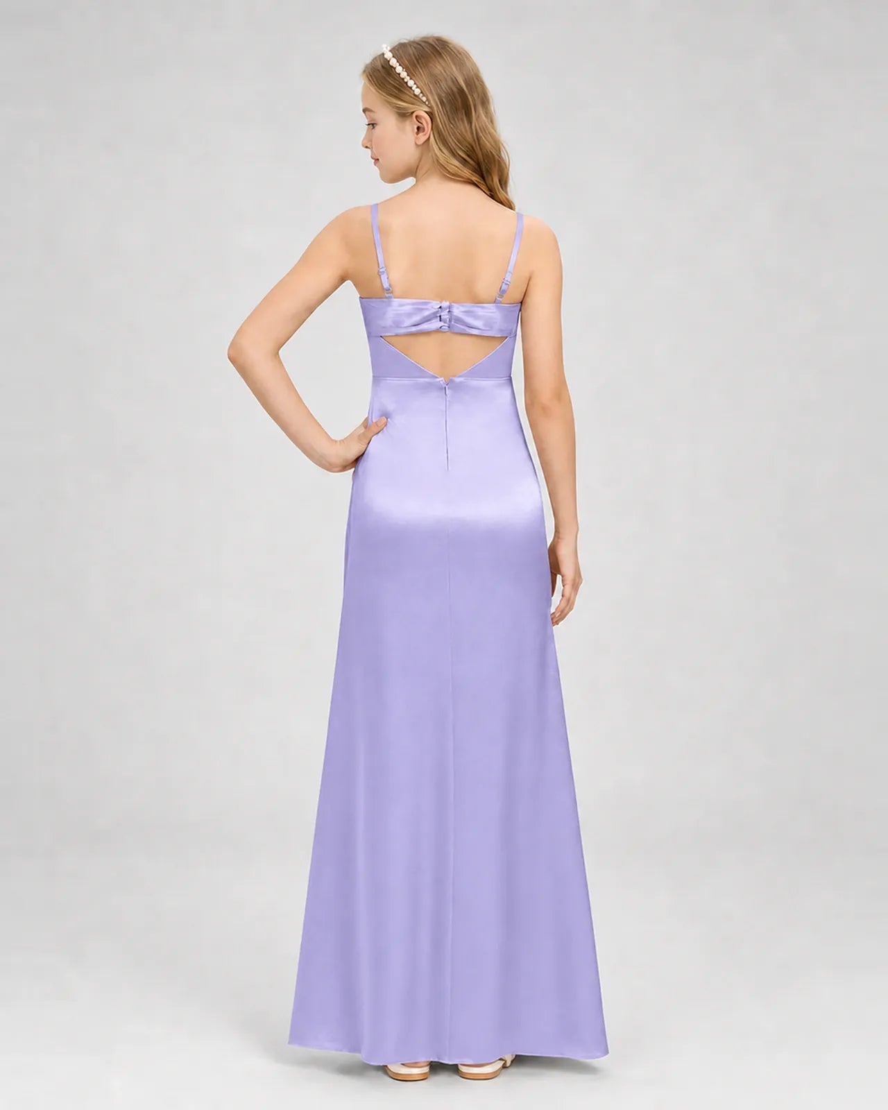 Lavender Satin A-line Girls Formal Dress Back View