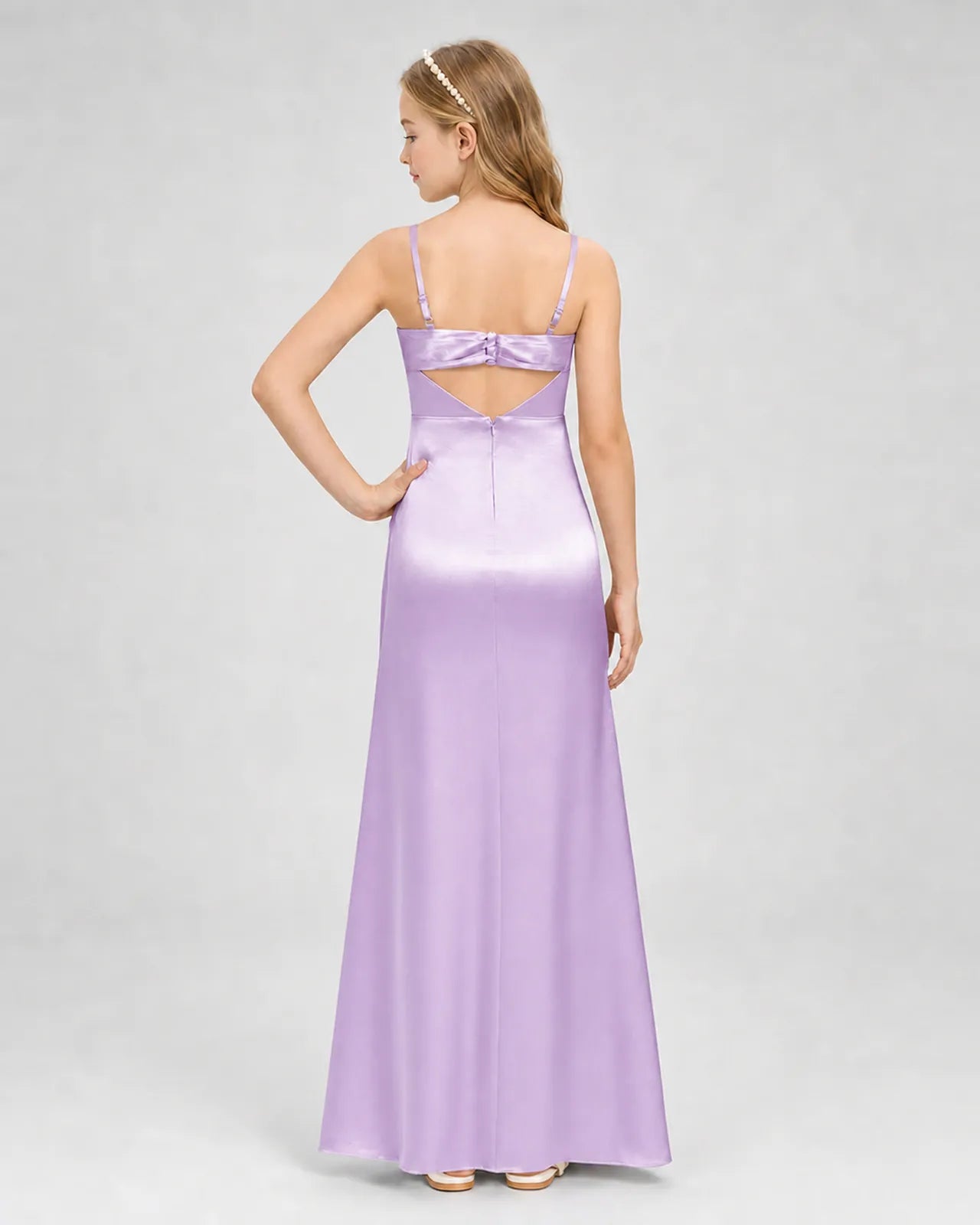 Lilac Satin A-line Girls Formal Dress Back View