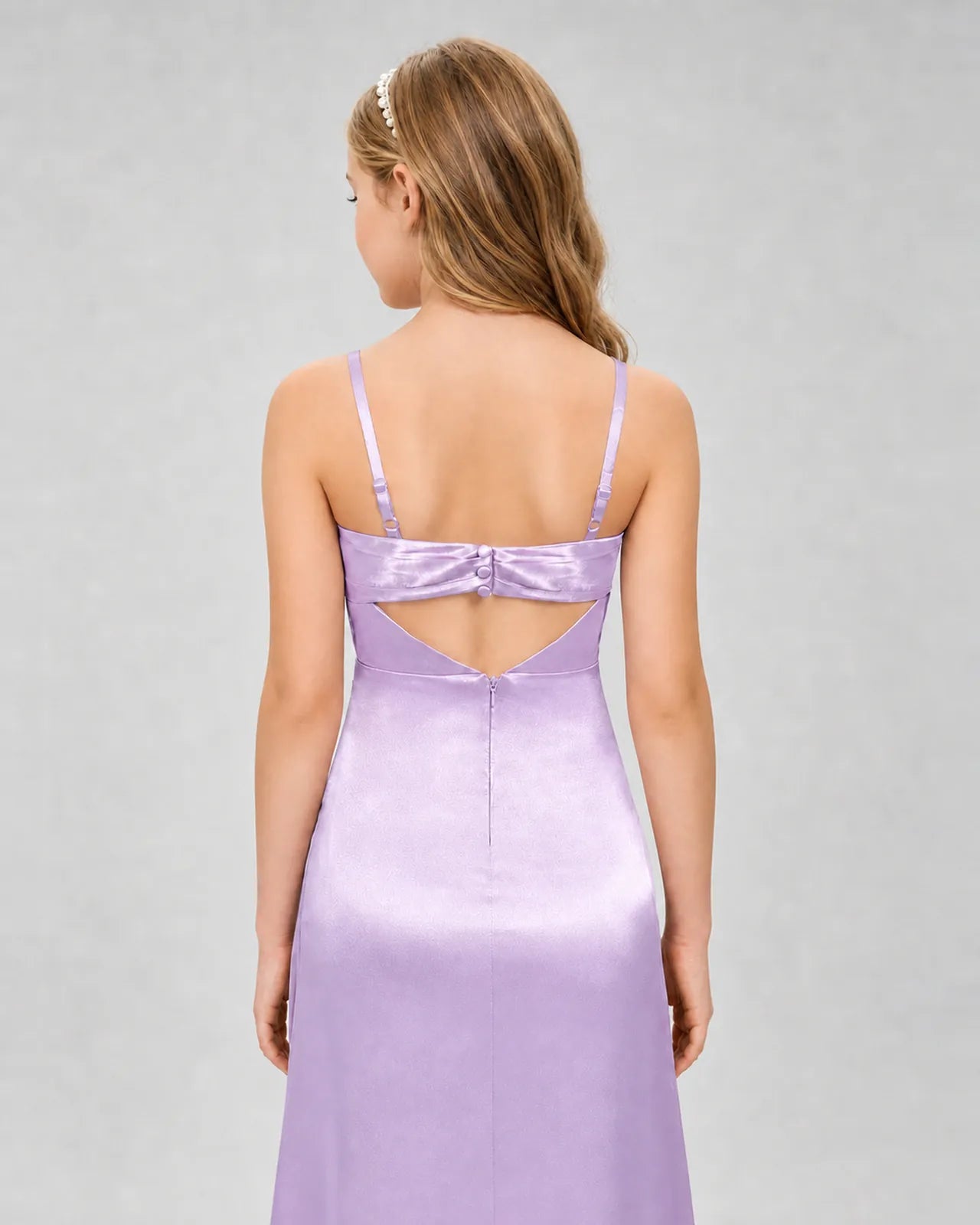 Lilac Satin A-line Girls Formal Dress Back View