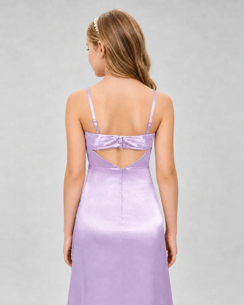 Lilac Satin A-line Girls Formal Dress Back View