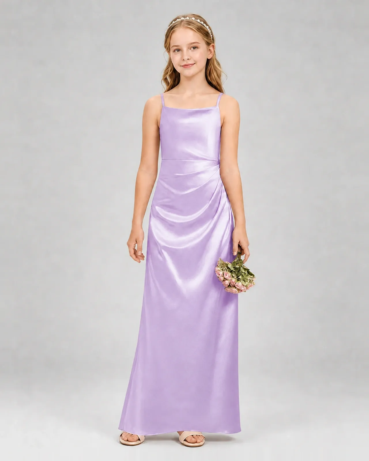 Lilac Satin A-line Girls Formal Dress Front View