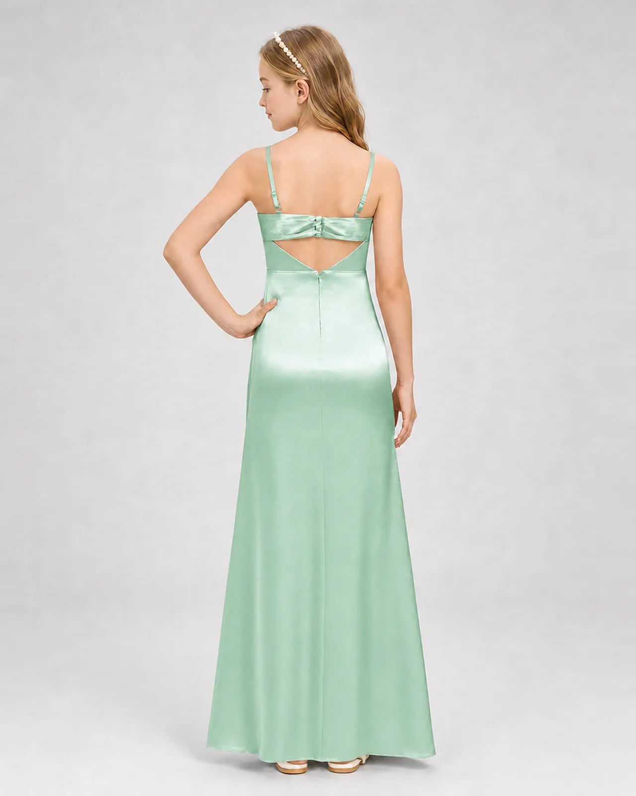 Mint Green Satin A-line Girls Formal Dress Back View