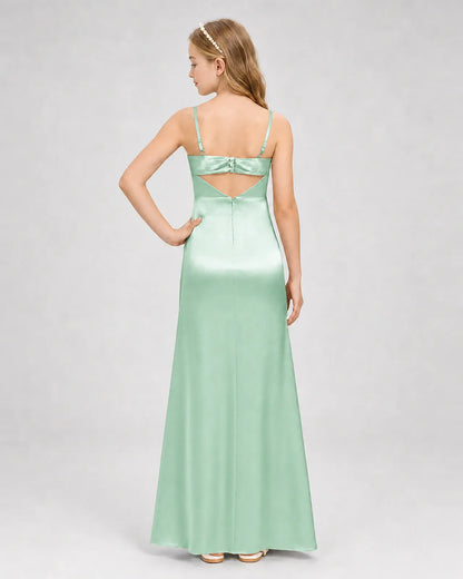 Mint Green Satin A-line Girls Formal Dress Back View