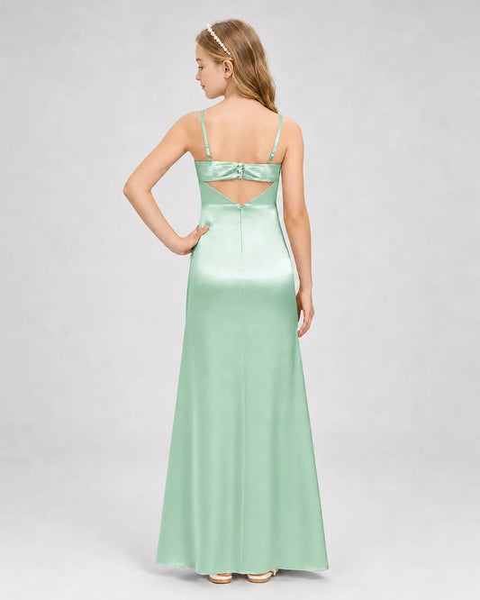 Mint Green Satin A-line Girls Formal Dress Back View
