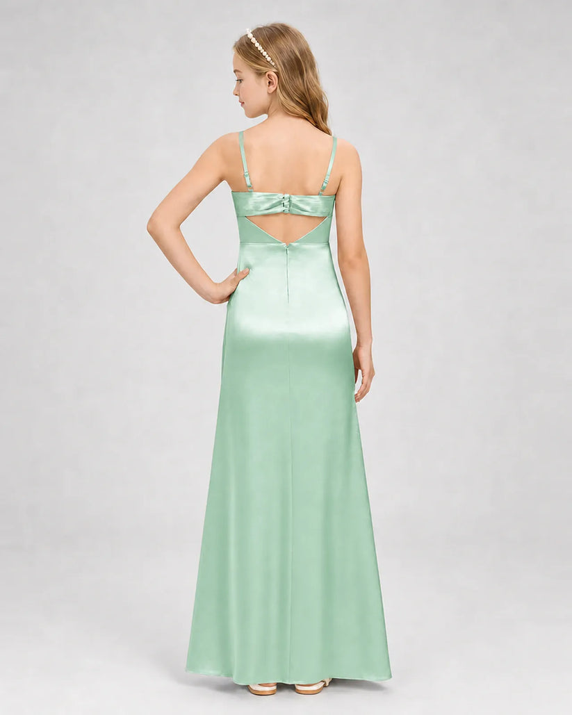 Mint Green Satin A-line Girls Formal Dress Back View