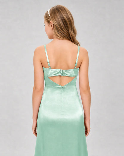 Mint Green Satin A-line Girls Formal Dress Back View