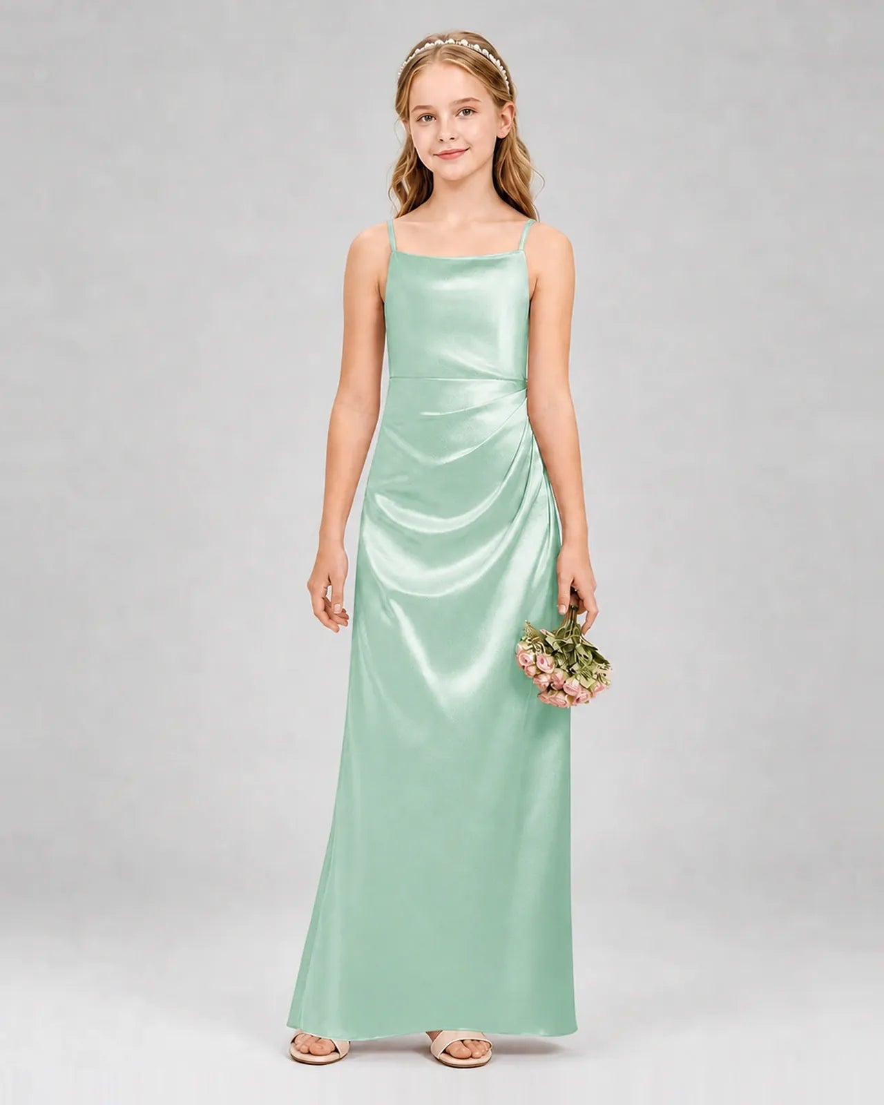 Mint Green Satin Sheath Girls Formal Dress Front View