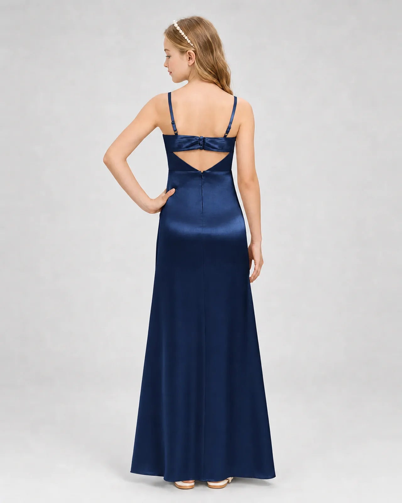 Navy Blue Satin A-line Girls Formal Dress Back View