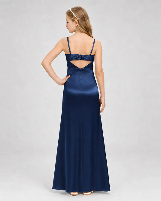 Navy Blue Satin A-line Girls Formal Dress Back View