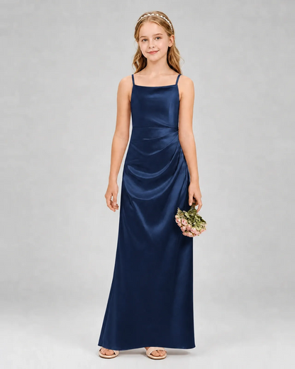 Navy Blue Satin A-line Girls Formal Dress Front View