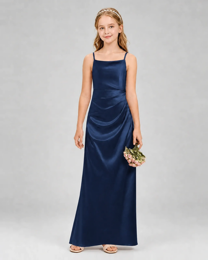 Navy Blue Satin A-line Girls Formal Dress Front View