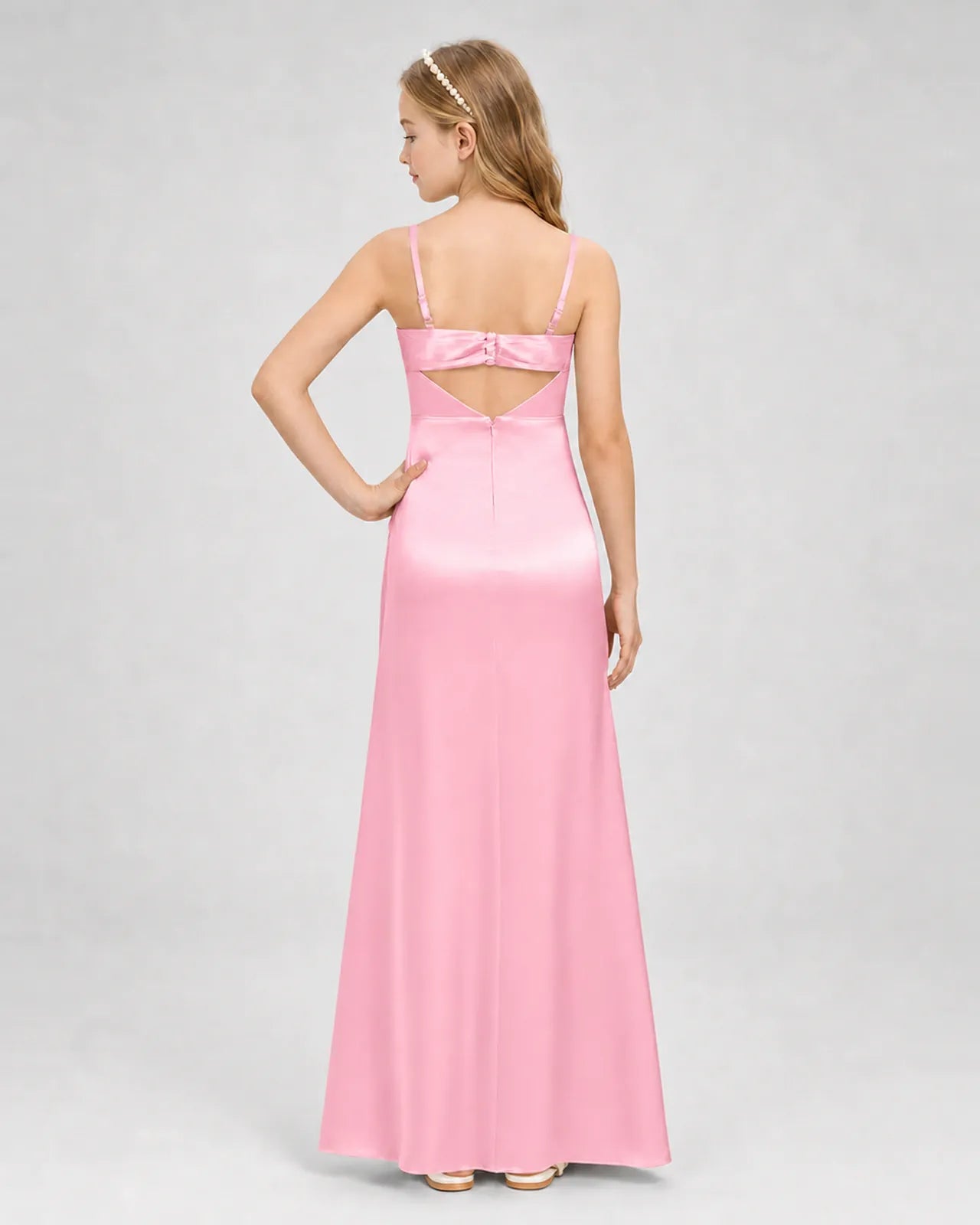 Pink Satin A-line Girls Formal Dress Back View