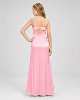 Pink Satin A-line Girls Formal Dress Back View
