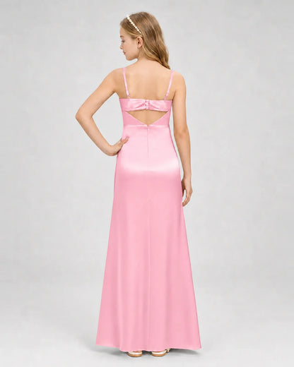 Pink Satin A-line Girls Formal Dress Back View