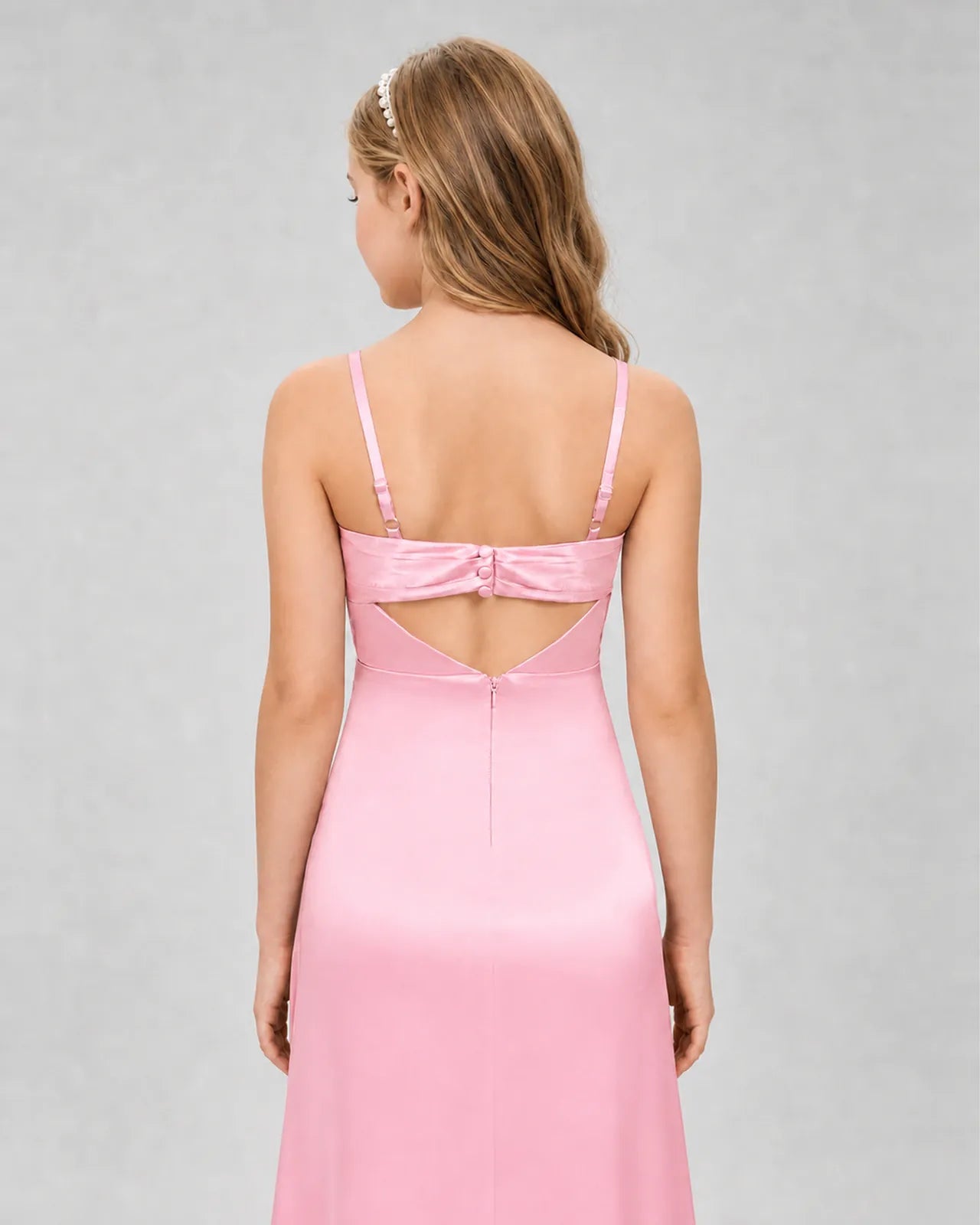 Pink Satin A-line Girls Formal Dress Back View
