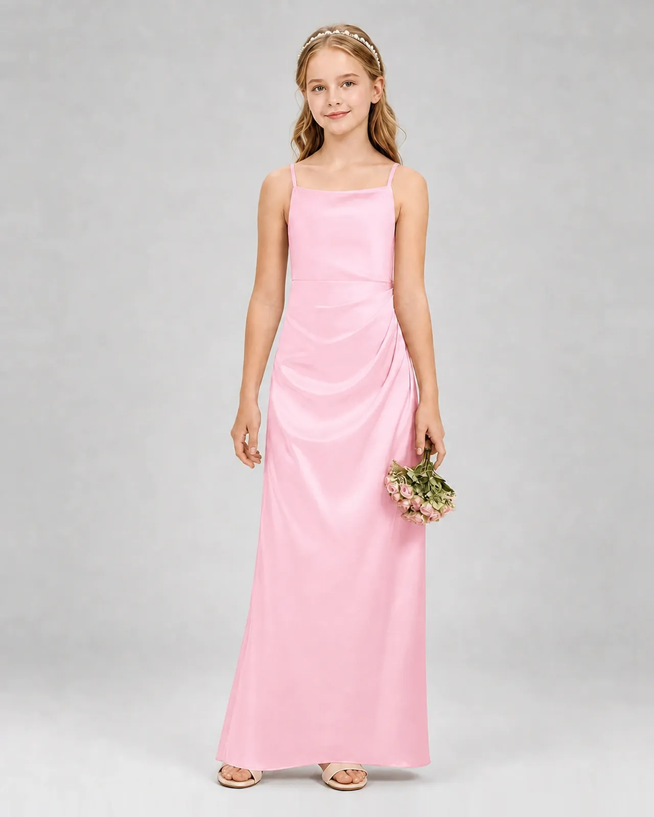 Pink Satin A-line Girls Formal Dress Front View