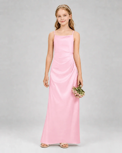 Pink Satin A-line Girls Formal Dress Front View