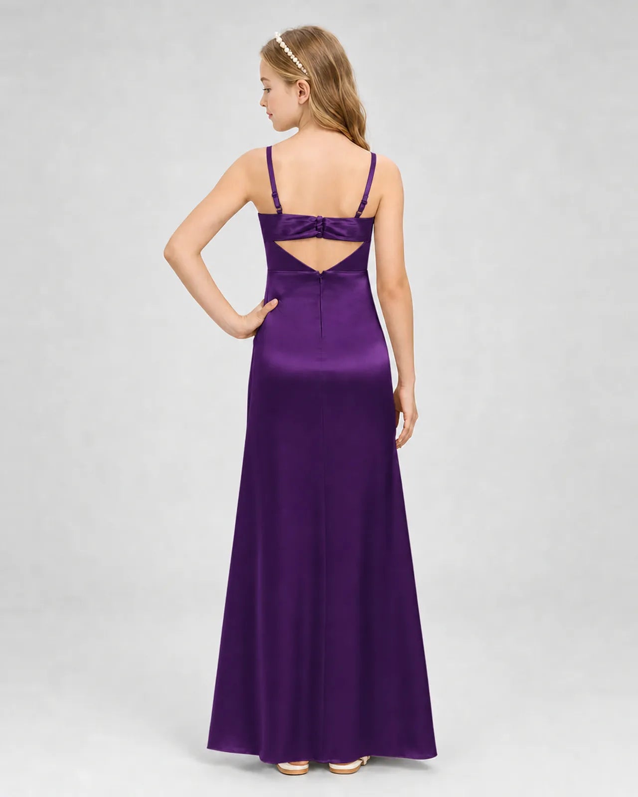 Purple Satin A-line Girls Formal Dress Back View