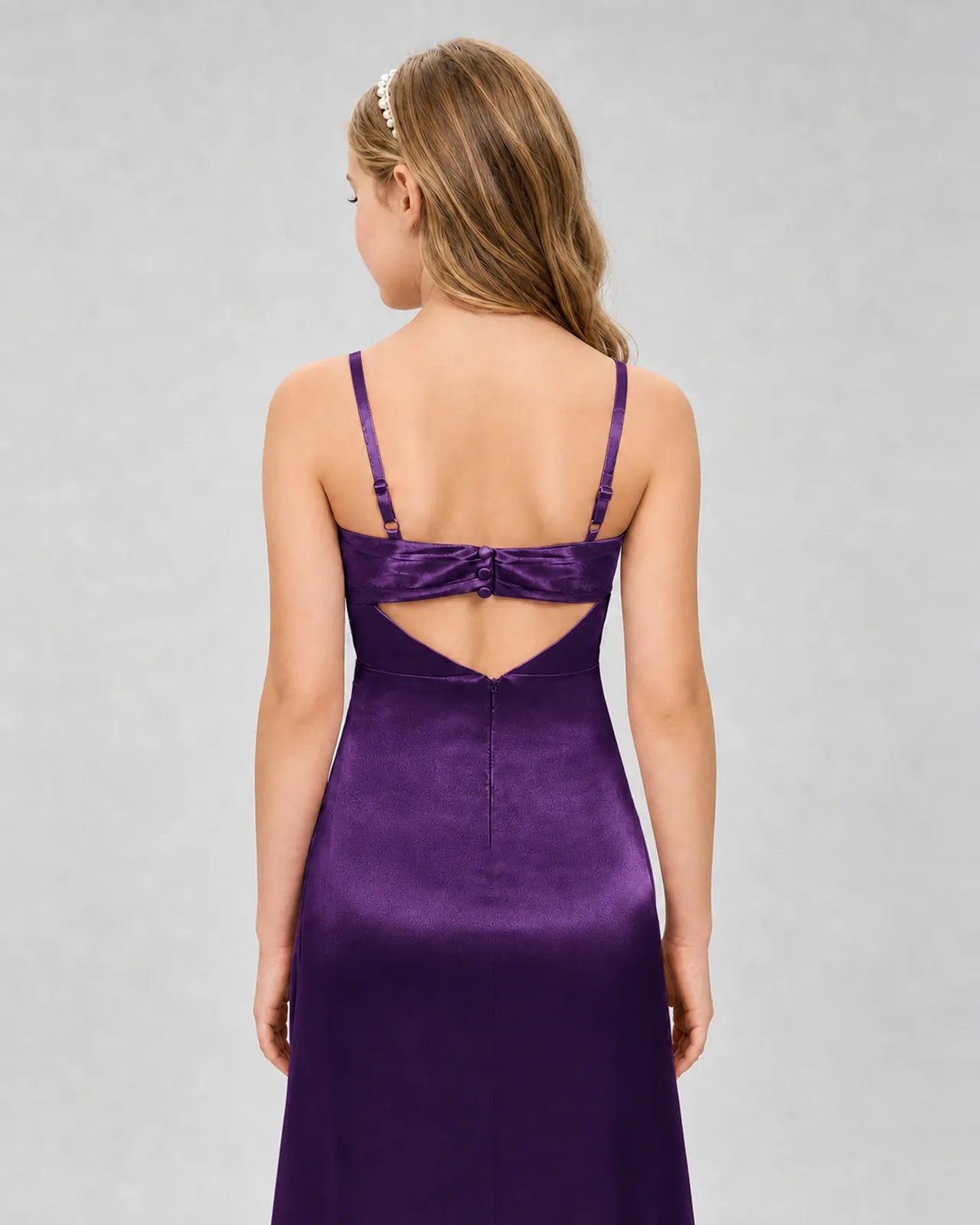 Purple Satin A-line Girls Formal Dress Back View