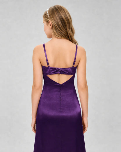 Purple Satin A-line Girls Formal Dress Back View