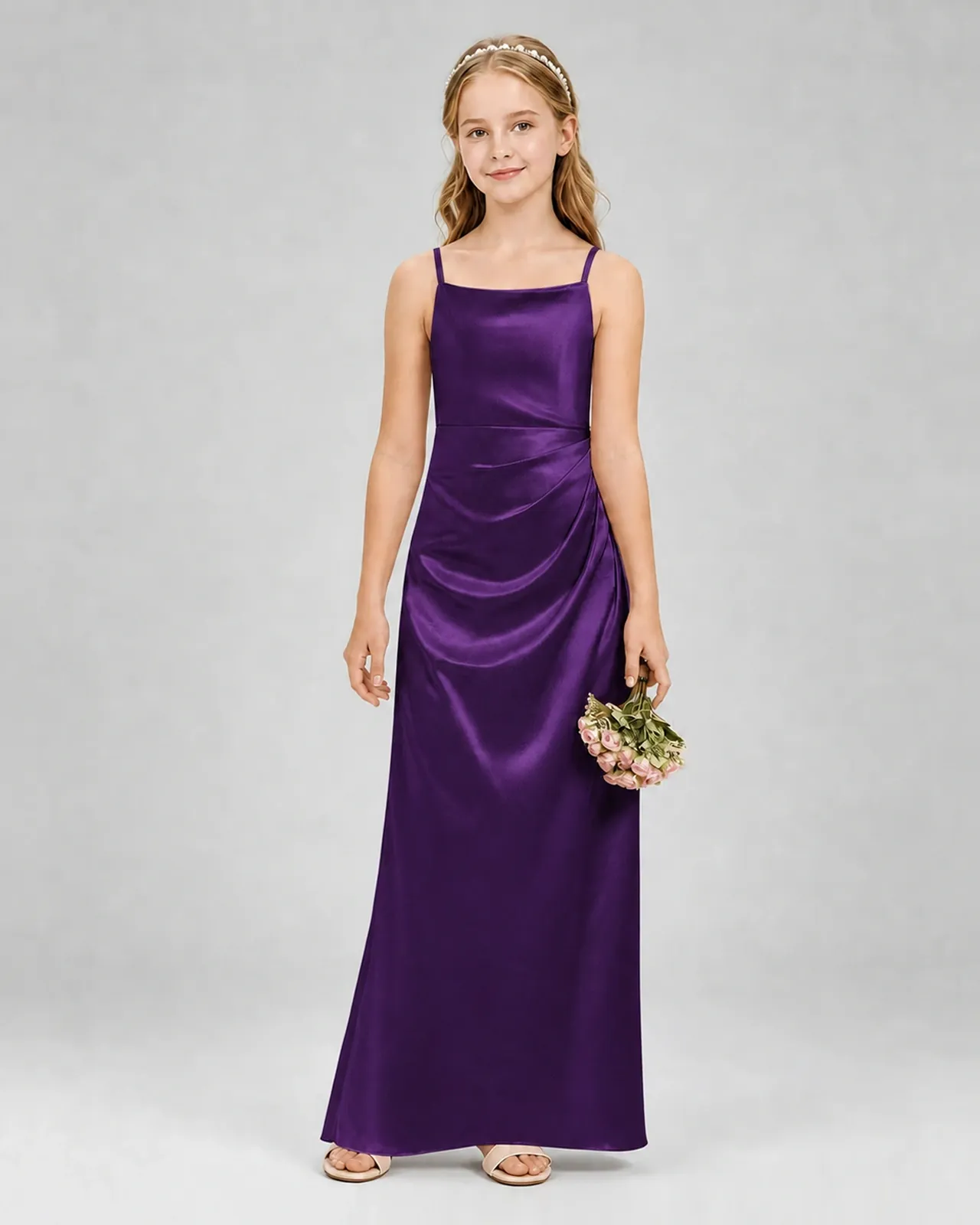 Purple Satin A-line Girls Formal Dress Front View