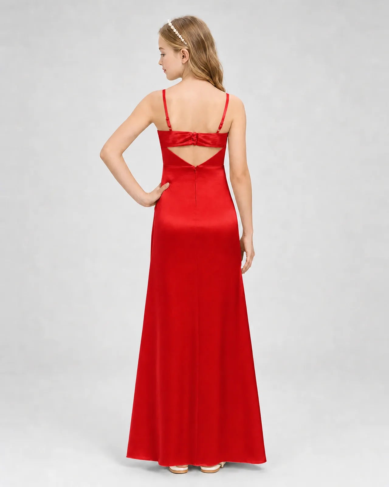 Red Satin A-line Girls Formal Dress Back View