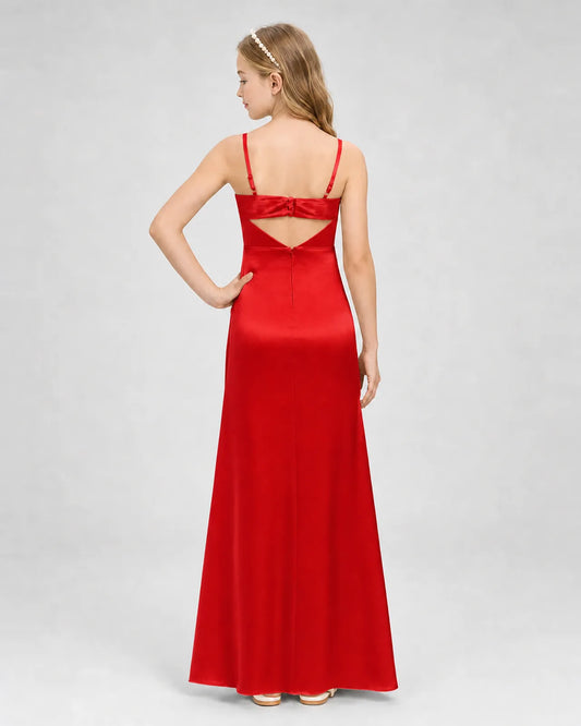 Red Satin A-line Girls Formal Dress Back View