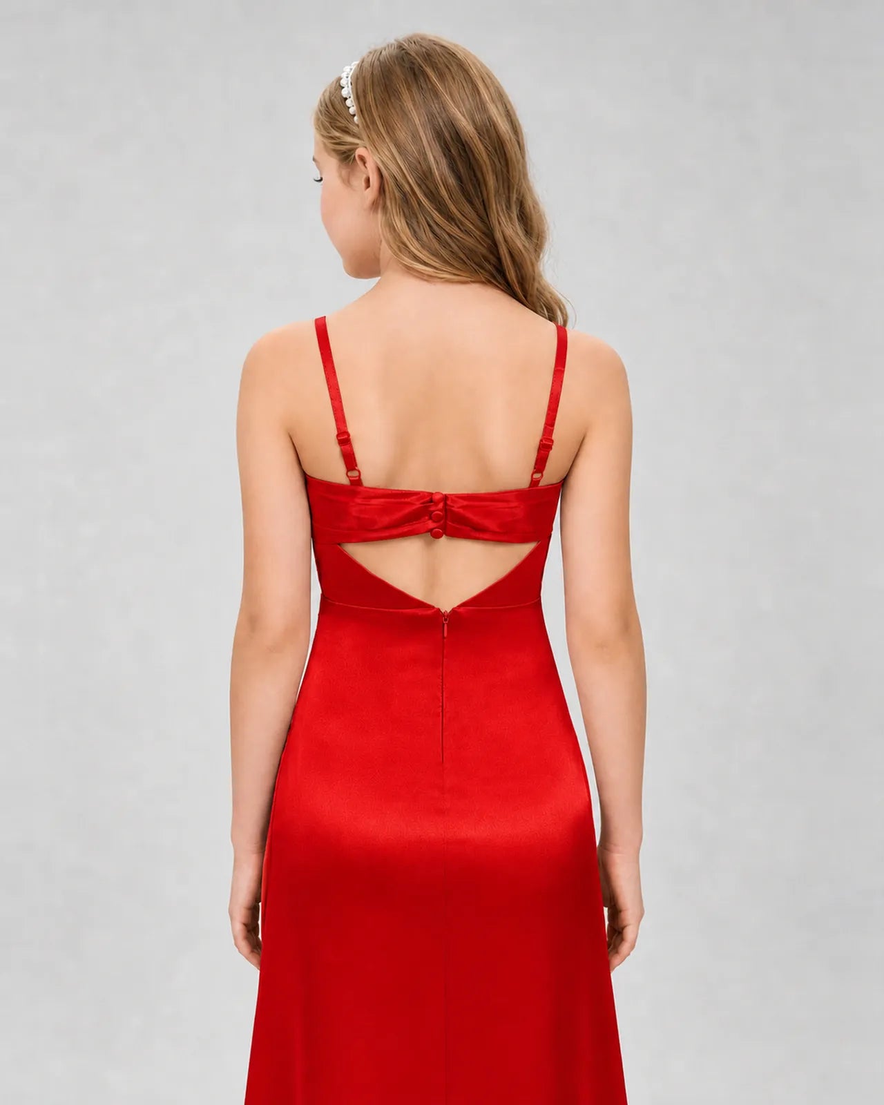 Red Satin A-line Girls Formal Dress Back View