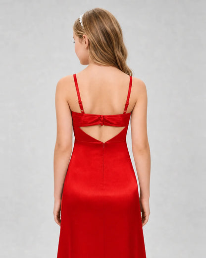 Red Satin A-line Girls Formal Dress Back View