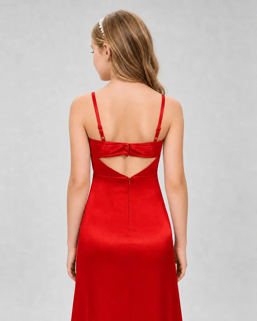 Red Satin A-line Girls Formal Dress Back View