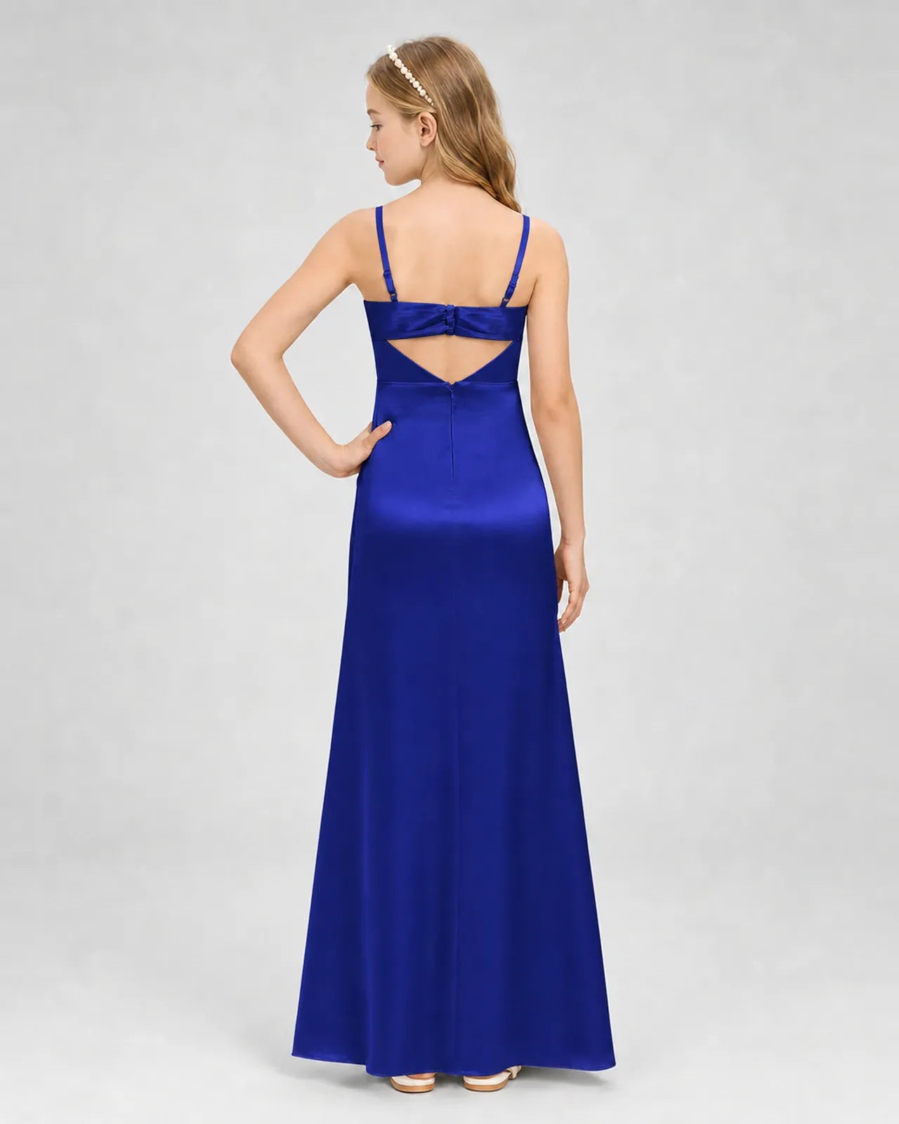 Royal Blue Satin A-line Girls Formal Dress Back View