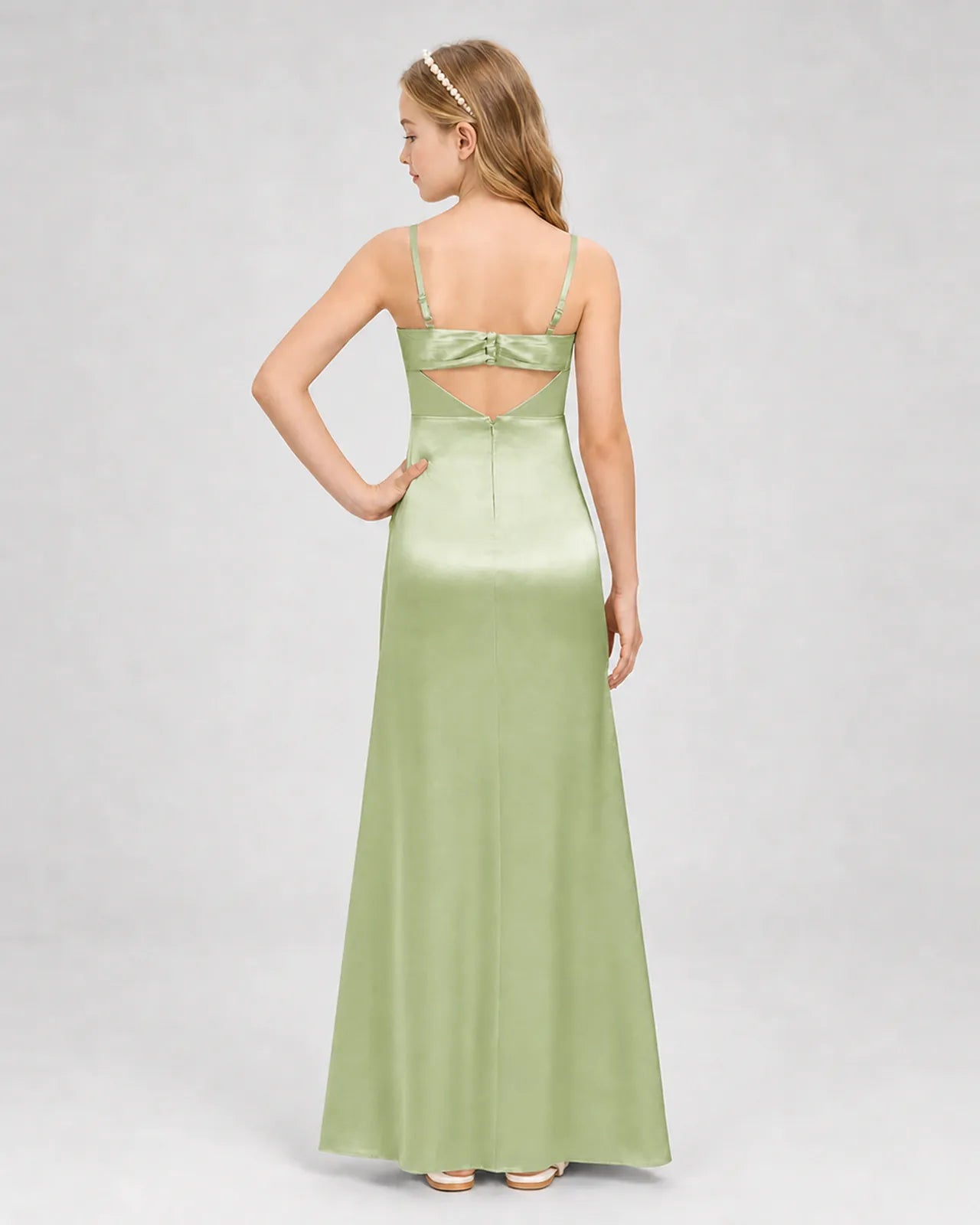 Sage Green Satin A-line Girls Formal Dress Back View