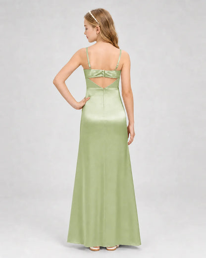 Sage Green Satin A-line Girls Formal Dress Back View