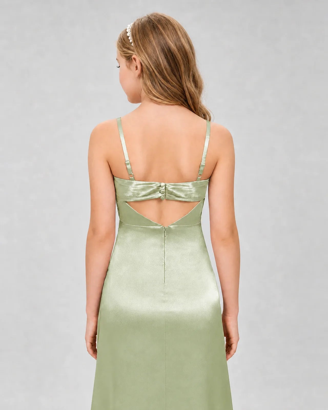 Sage Green Satin A-line Girls Formal Dress Back View