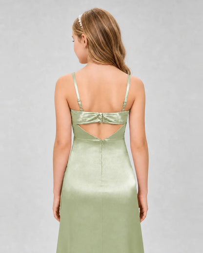 Sage Green Satin A-line Girls Formal Dress Back View