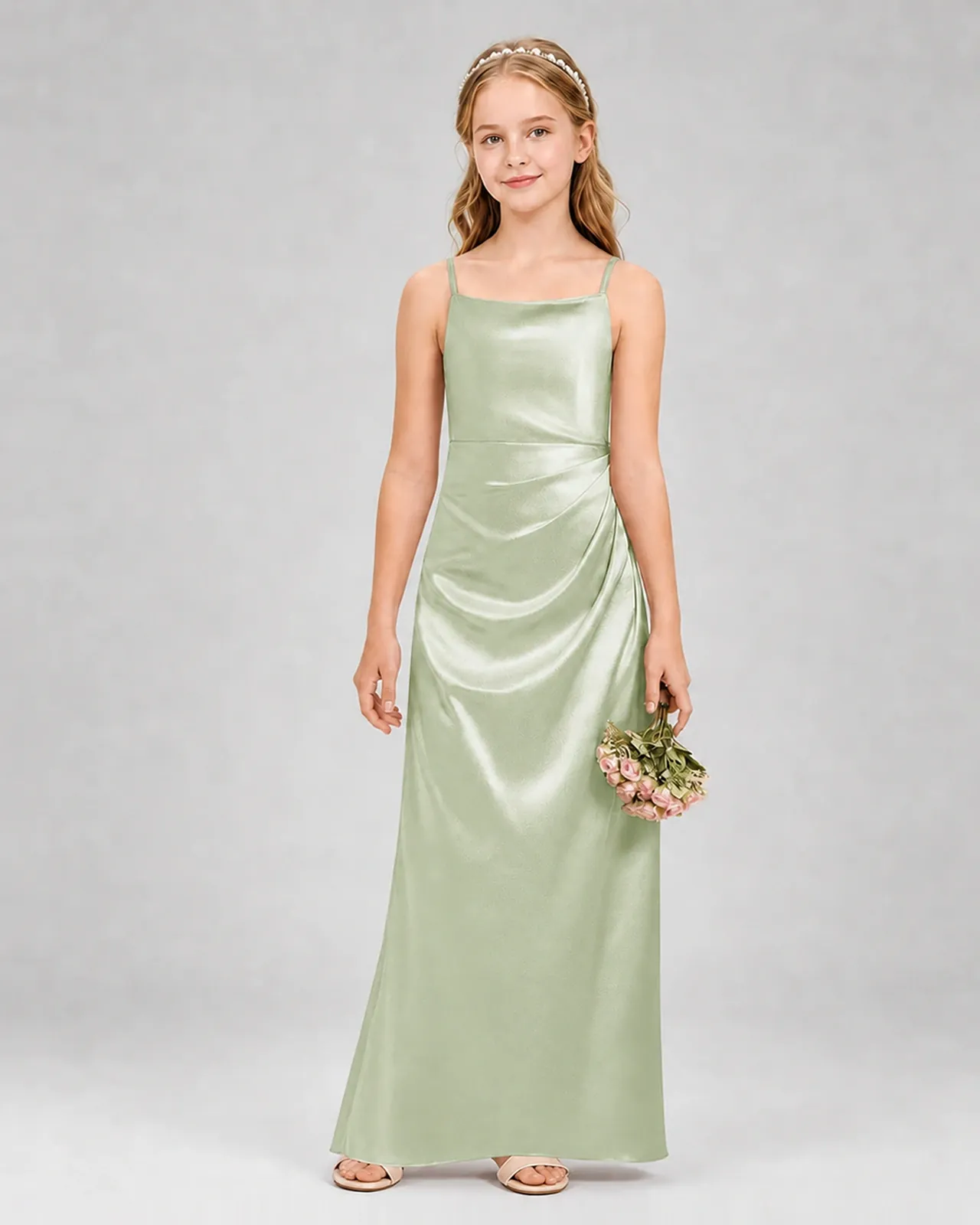 Sage Green Satin A-line Girls Formal Dress Front View