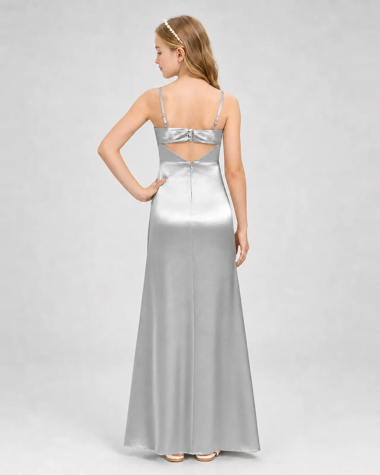 Silver Satin A-line Girls Formal Dress Back View