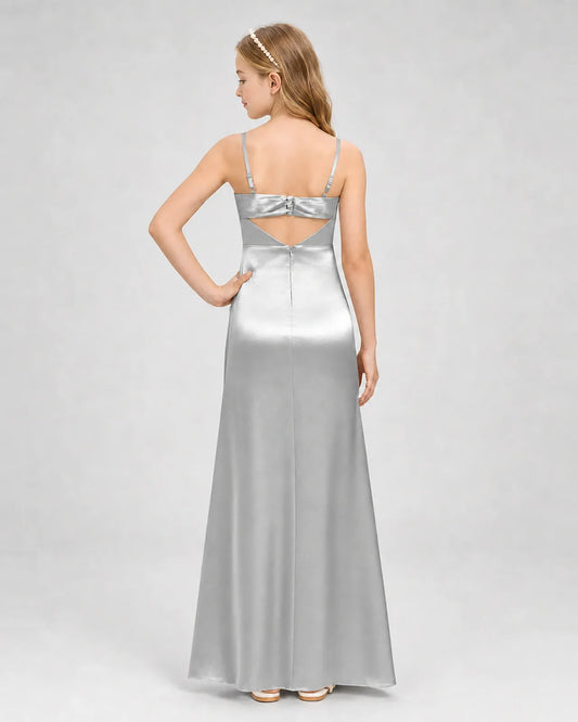 Silver Satin A-line Girls Formal Dress Back View
