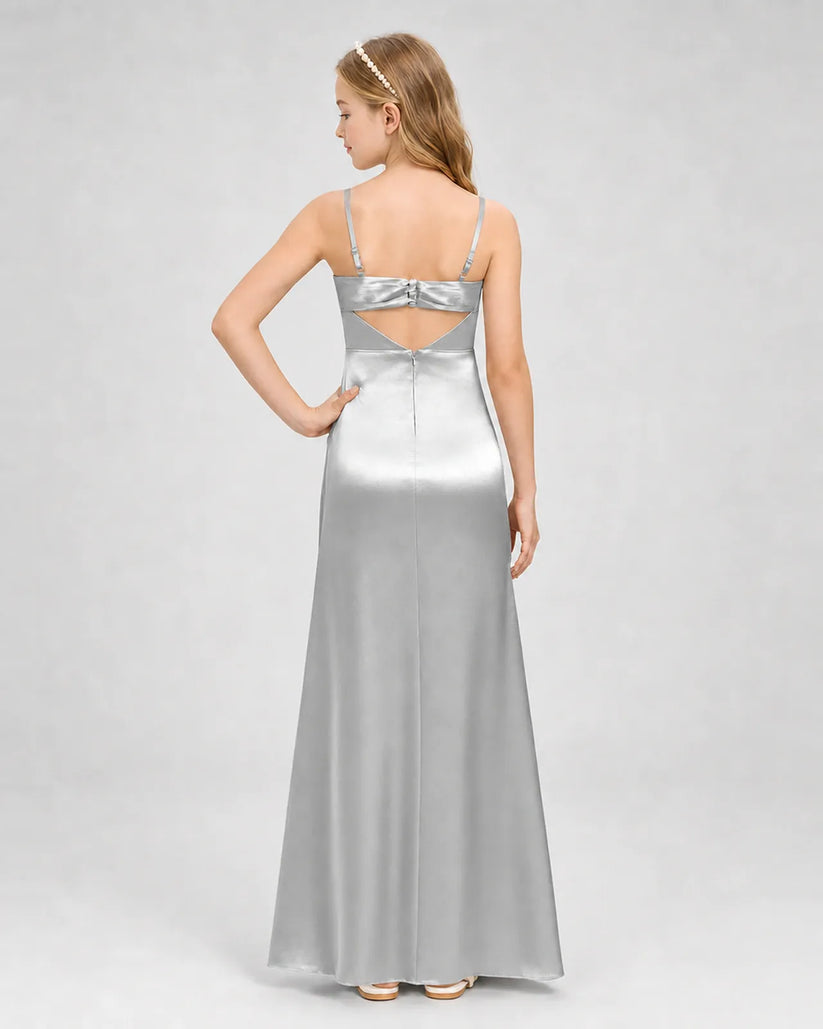 Silver Satin A-line Girls Formal Dress Back View